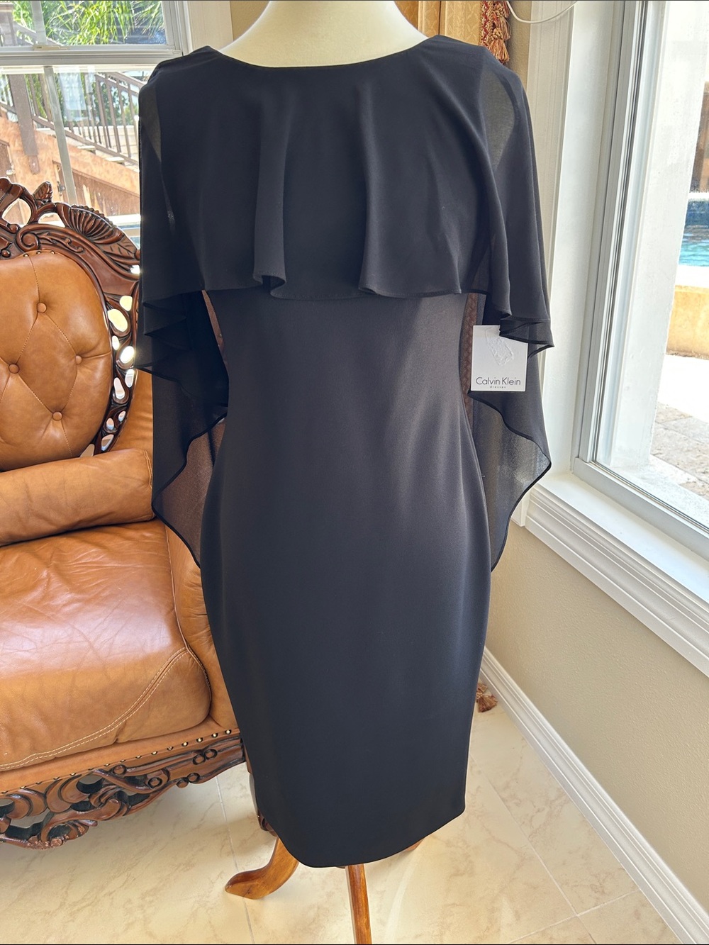 Calvin Klein Black Midi Sheath Dress with Cape Overlay - Picture 6 of 7